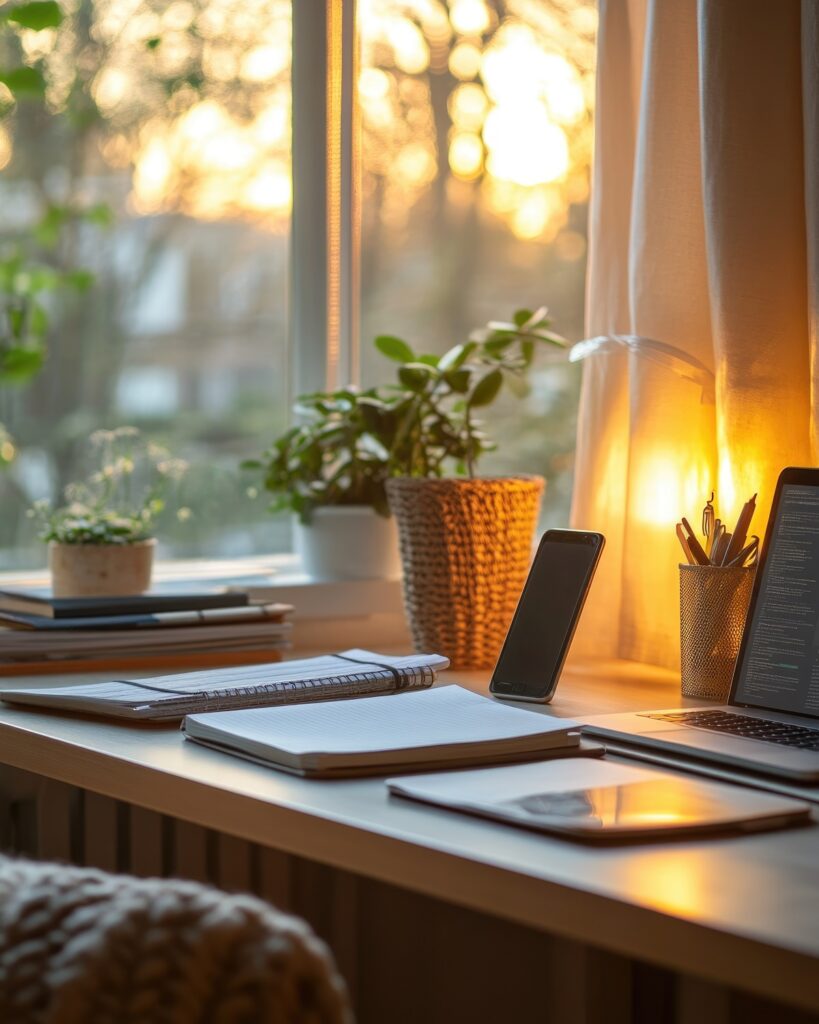 a warm home office features a wooden desk with notebooks, a laptop, and a phone, surrounded by greenery and bathed in soft sunset light